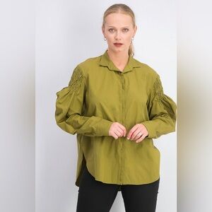 Mango Women Ruched Detail Shirt Blouse Size L Olive